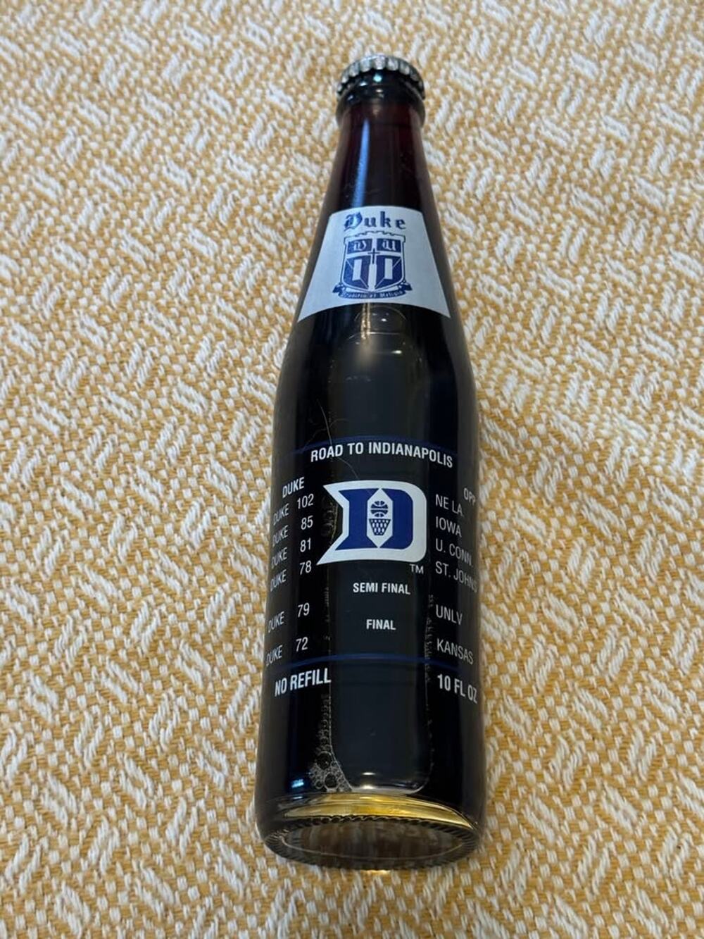 1991 Duke Blue Devils NCAA Basketball National Champions Coca-Cola bottle.